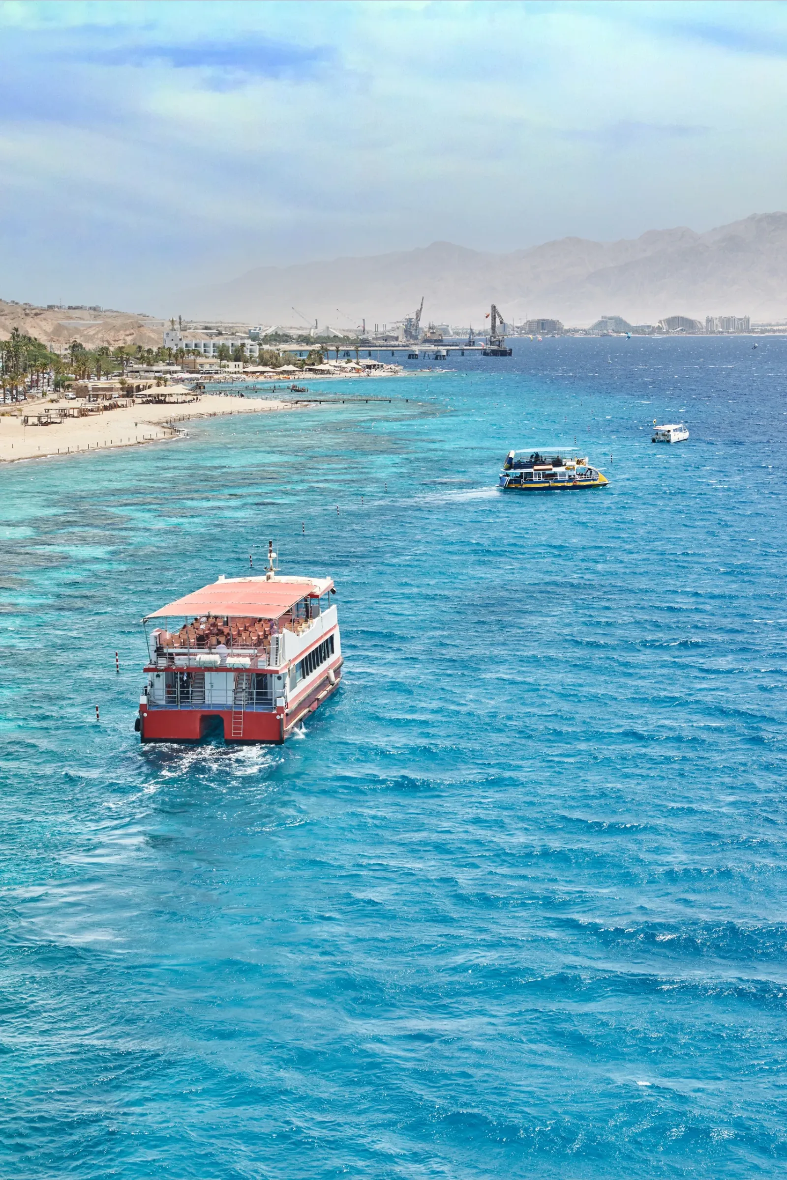 pleasure-boat-travel-red-sea-israel-against-backdrop-coastline-mountains